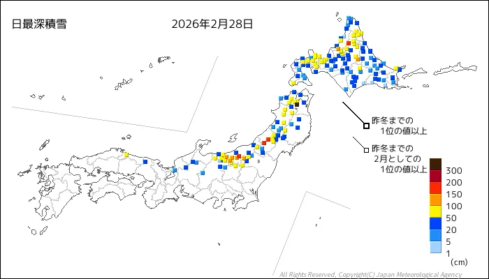日本のアメダス最大積雪量の図