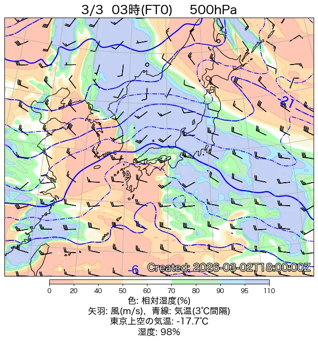 2026年3月3日の日本周辺の500hPa天気図（3時）