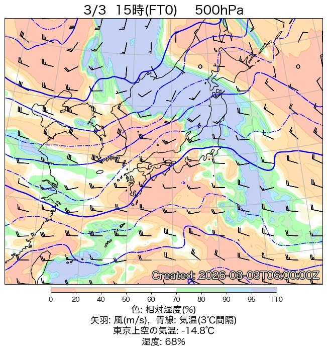 2026年3月3日の日本周辺の500hPa天気図（15時）