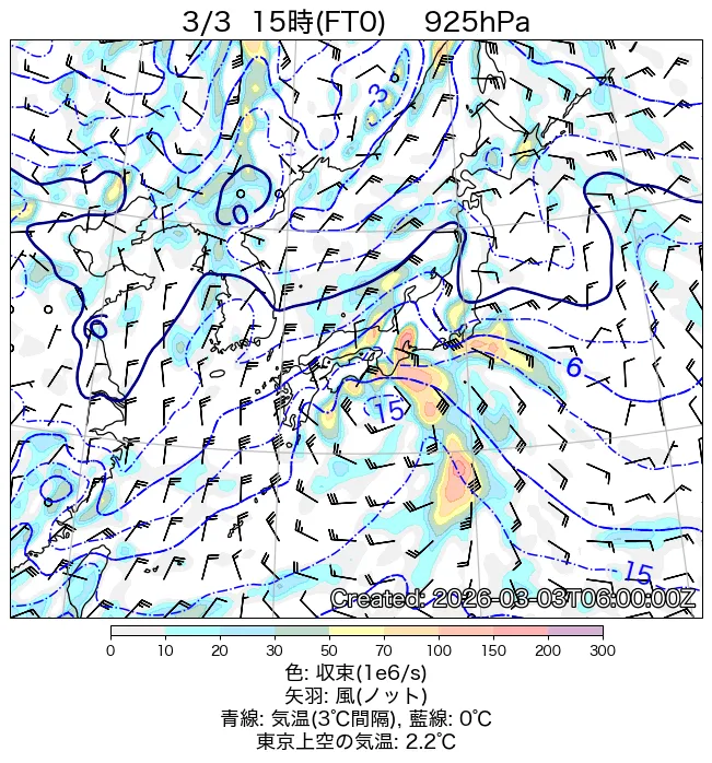 2026年3月3日の日本周辺の925hPa天気図（15時）