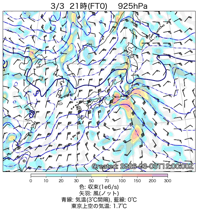2026年3月3日の日本周辺の925hPa天気図（21時）