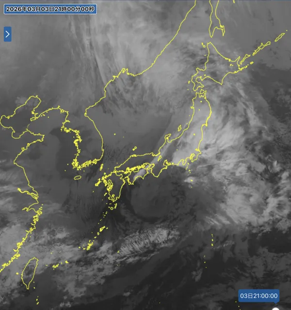 2026年3月3日の日本周辺の衛星画像（21時）