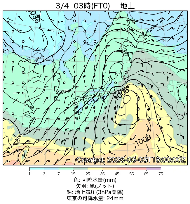 2026年3月4日の日本周辺の地上天気図（3時）