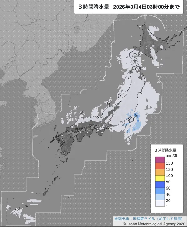 2026年3月4日0〜3時の日本周辺の3時間解析降水量