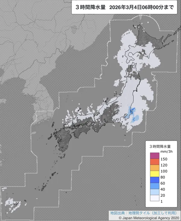 2026年3月4日3〜6時の日本周辺の3時間解析降水量