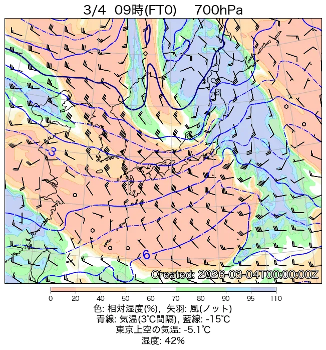 2026年3月4日の日本周辺の700hPa天気図（9時）