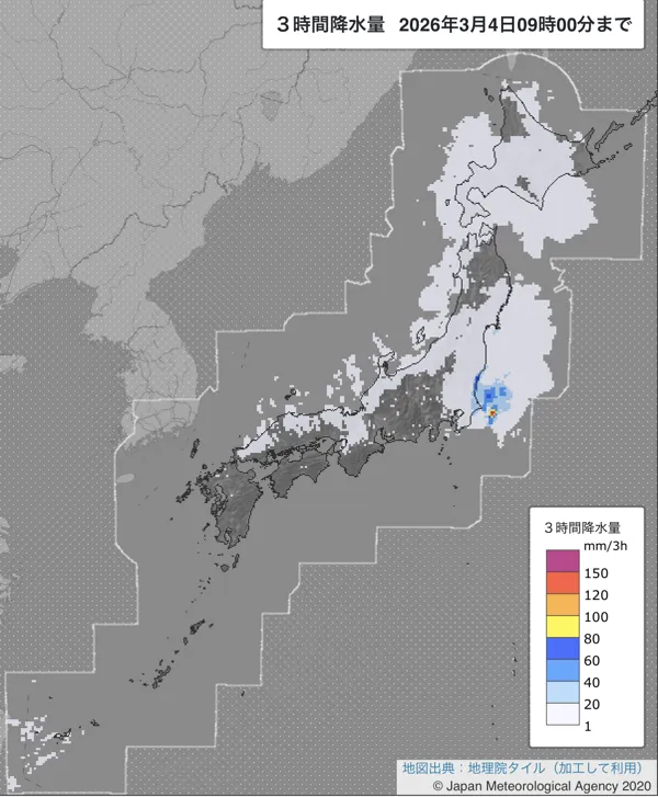 2026年3月4日6〜9時の日本周辺の3時間解析降水量