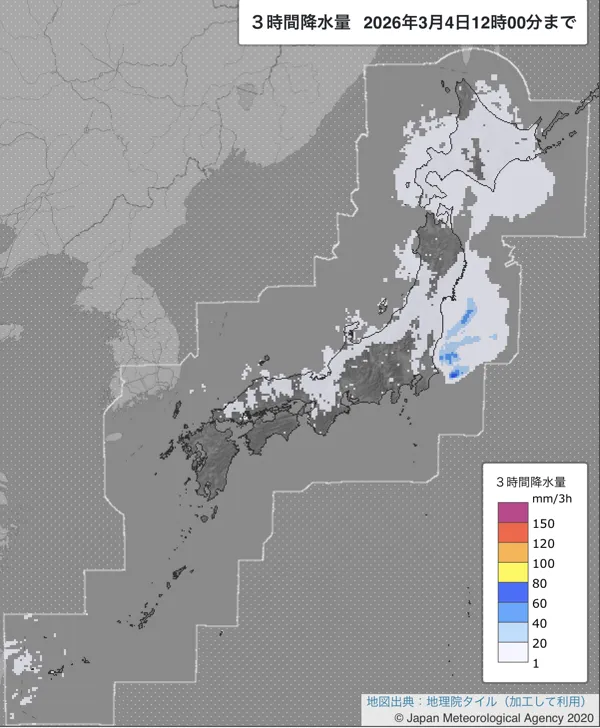 2026年3月4日9〜12時の日本周辺の3時間解析降水量
