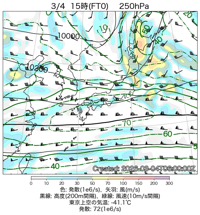 2026年3月4日の日本周辺の250hPa天気図（15時）