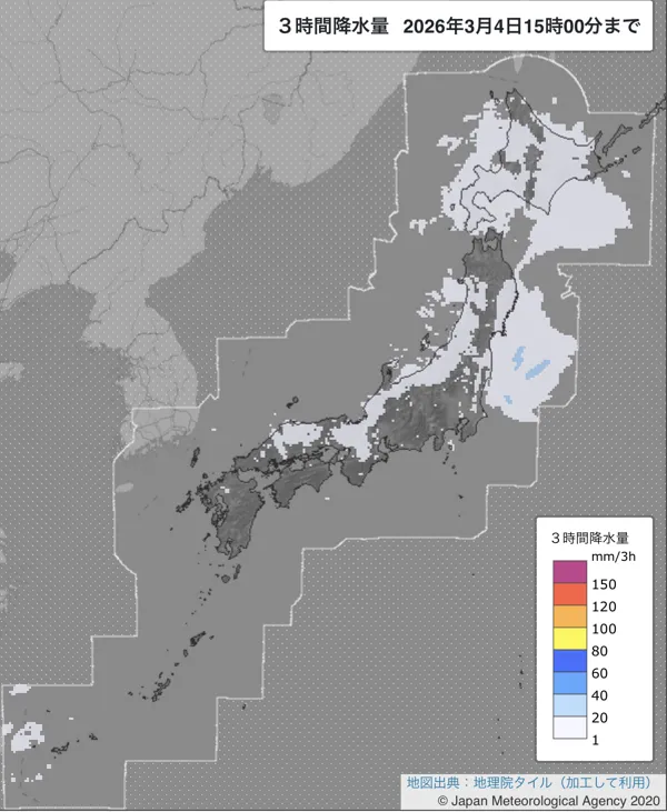 2026年3月4日12〜15時の日本周辺の3時間解析降水量