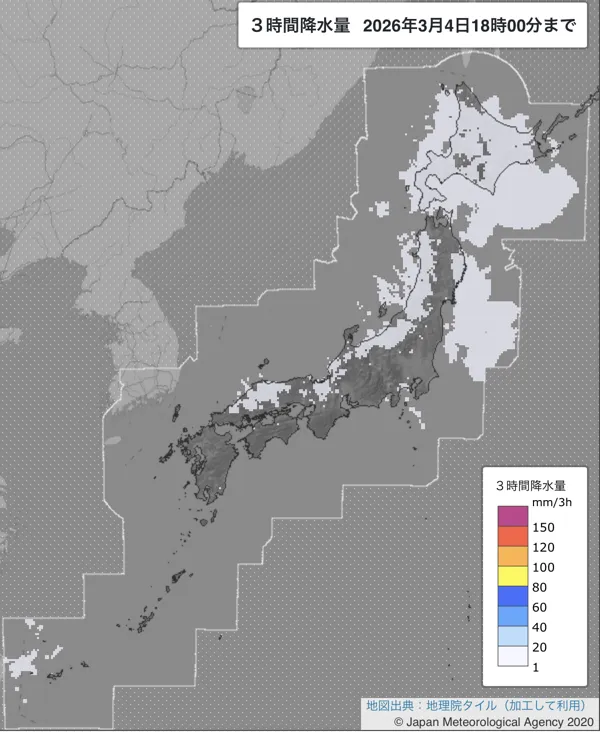 2026年3月4日15〜18時の日本周辺の3時間解析降水量