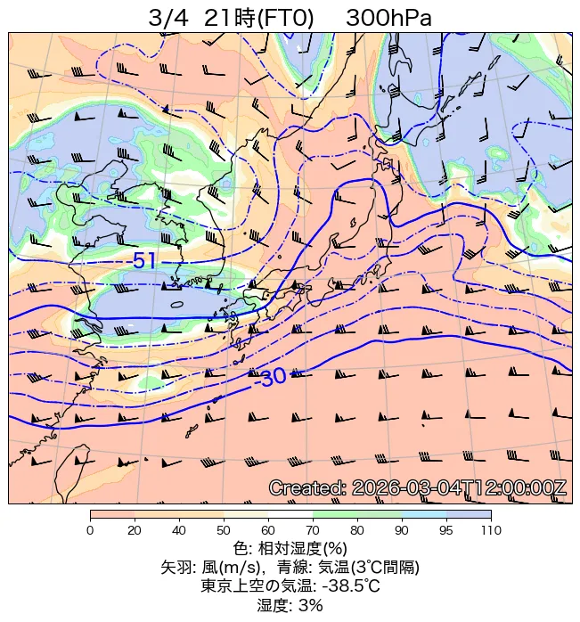 2026年3月4日の日本周辺の300hPa天気図（21時）