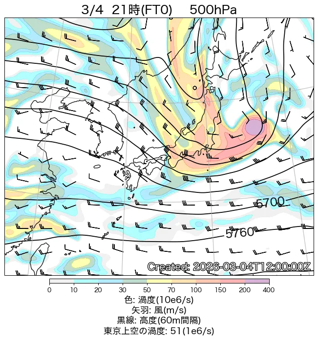 2026年3月4日の日本周辺の500hPa天気図（21時）
