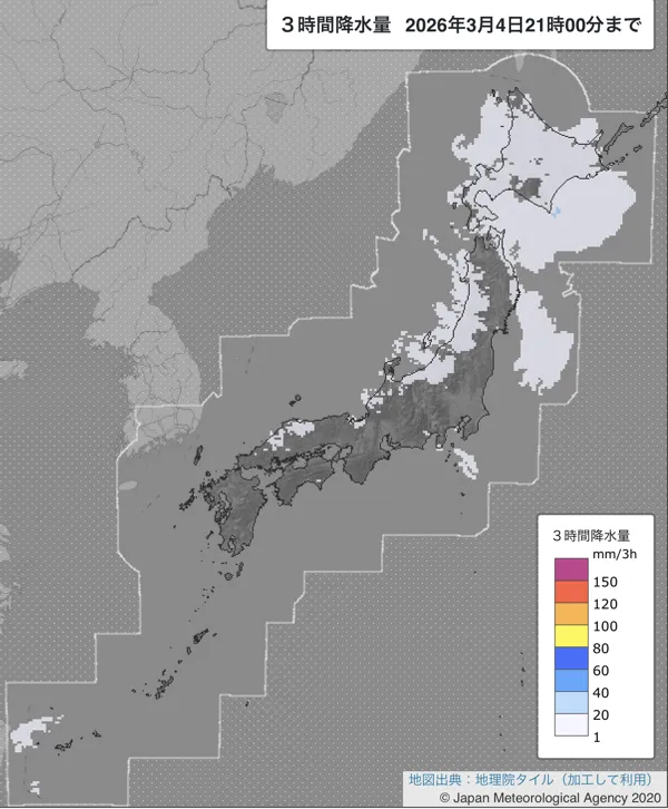 2026年3月4日18〜21時の日本周辺の3時間解析降水量