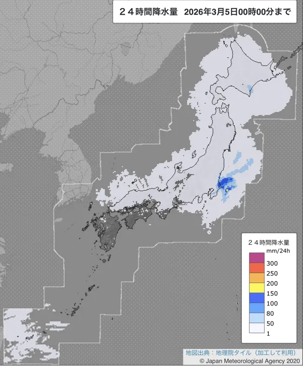 2026年3月4日の日本周辺の日解析雨量の図