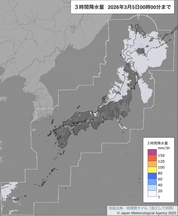 2026年3月4日21〜24時の日本周辺の3時間解析降水量
