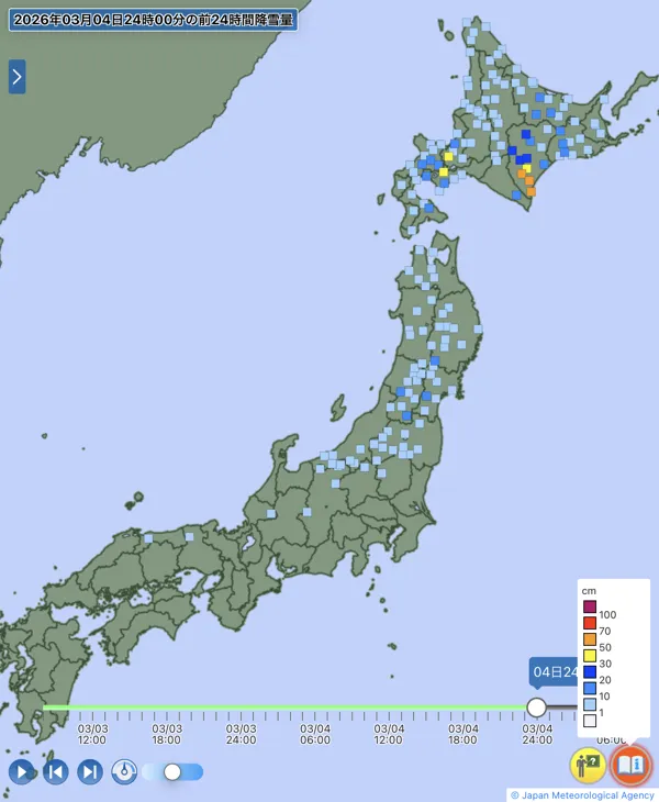 日本のアメダス日降雪量の図