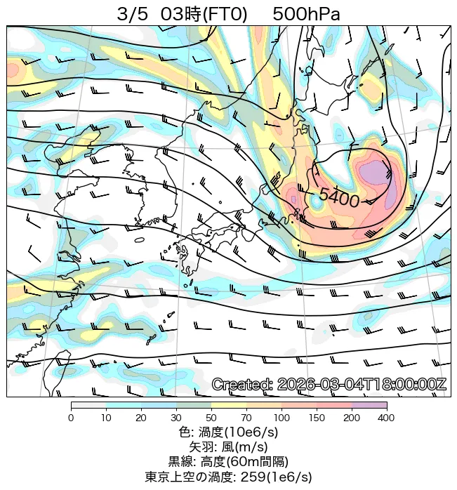 2026年3月5日の日本周辺の500hPa天気図（3時）