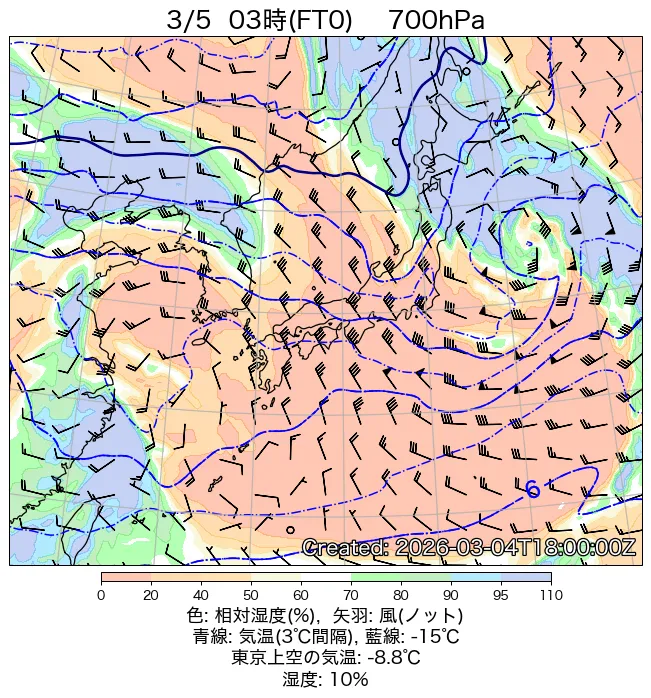 2026年3月5日の日本周辺の700hPa天気図（3時）