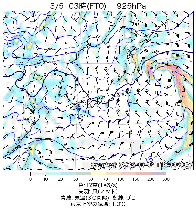 2026年3月5日の日本周辺の925hPa天気図（3時）