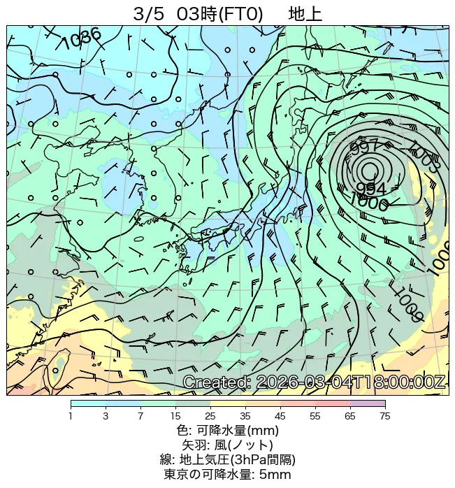 2026年3月5日の日本周辺の地上天気図（3時）