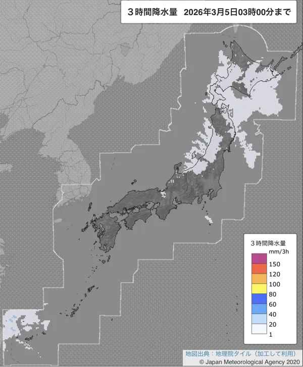 2026年3月5日0〜3時の日本周辺の3時間解析降水量