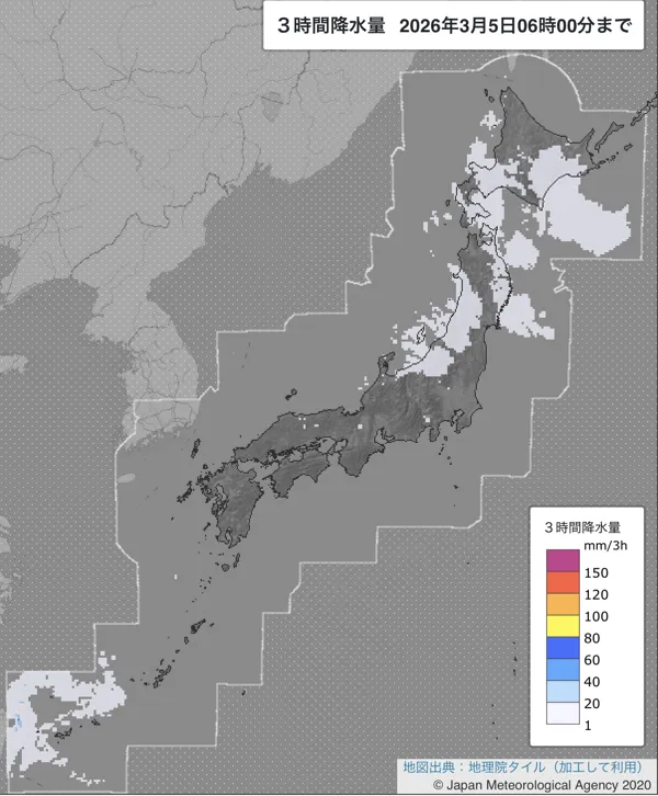 2026年3月5日3〜6時の日本周辺の3時間解析降水量
