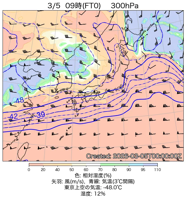 2026年3月5日の日本周辺の300hPa天気図（9時）