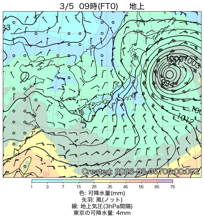 2026年3月5日の日本周辺の地上天気図（9時）