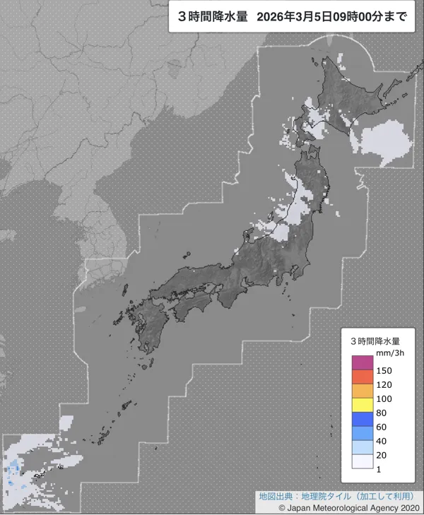 2026年3月5日6〜9時の日本周辺の3時間解析降水量