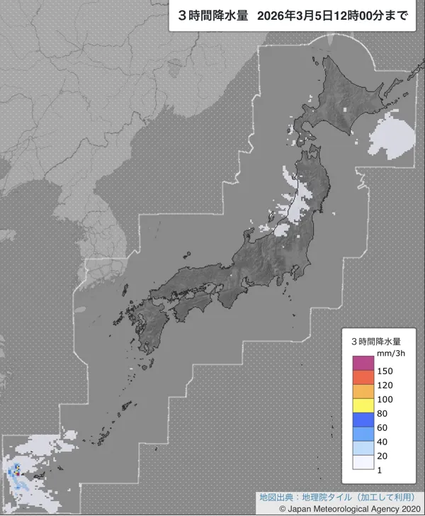 2026年3月5日9〜12時の日本周辺の3時間解析降水量