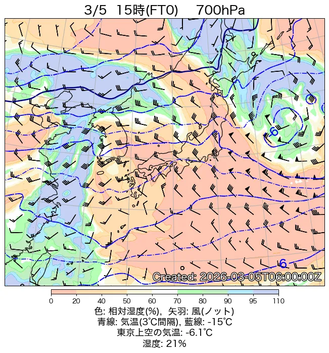 2026年3月5日の日本周辺の700hPa天気図（15時）
