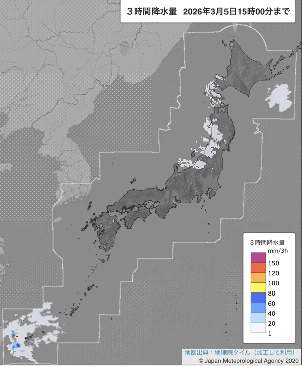 2026年3月5日12〜15時の日本周辺の3時間解析降水量