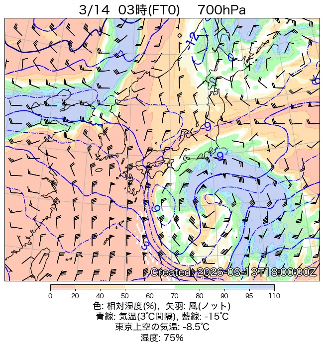 2026年3月14日の日本周辺の700hPa天気図（3時）