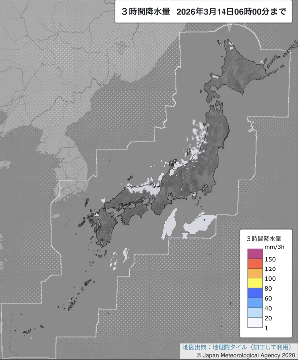 2026年3月14日の日本周辺の3〜6時の3時間解析降水量