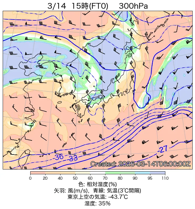 2026年3月14日の日本周辺の300hPa天気図（15時）