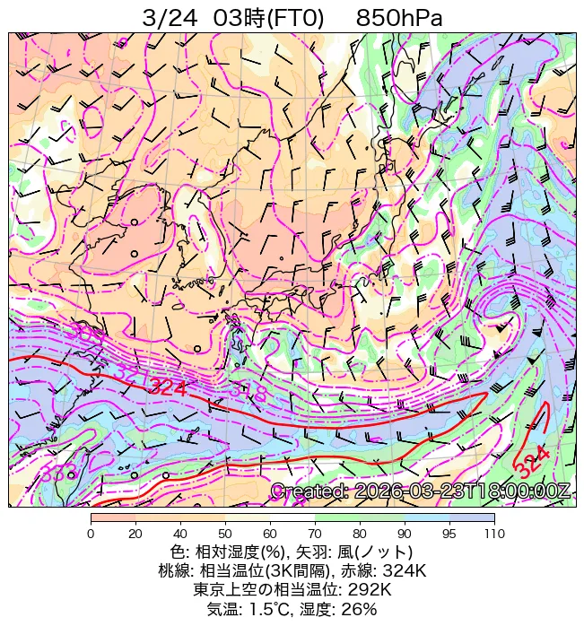2026年3月24日の日本周辺の850hPa天気図（3時）