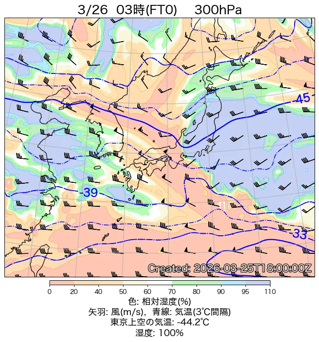 2026年3月26日の日本周辺の300hPa天気図（3時）
