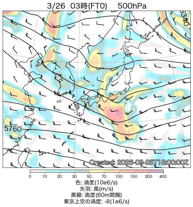 2026年3月26日の日本周辺の500hPa天気図（3時）