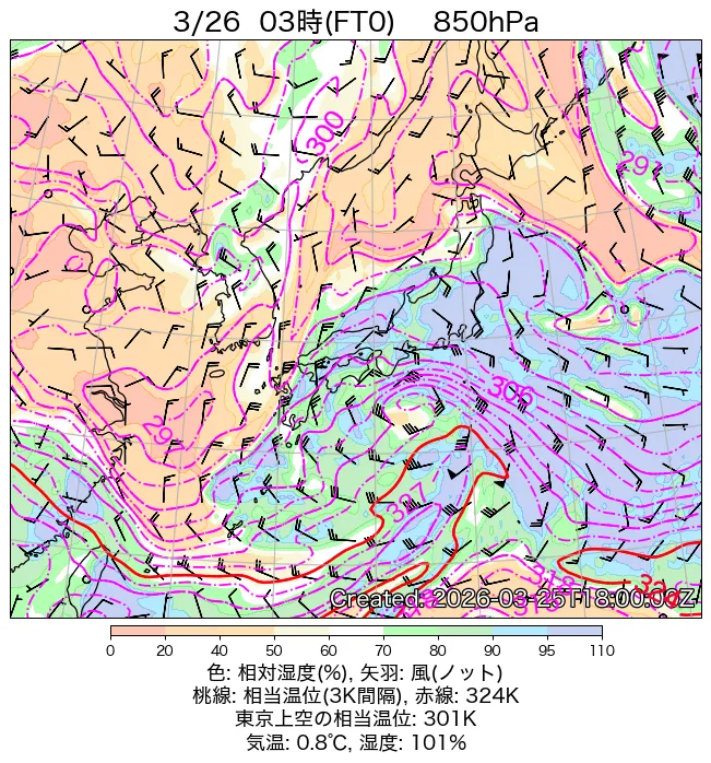 2026年3月26日の日本周辺の850hPa天気図（3時）