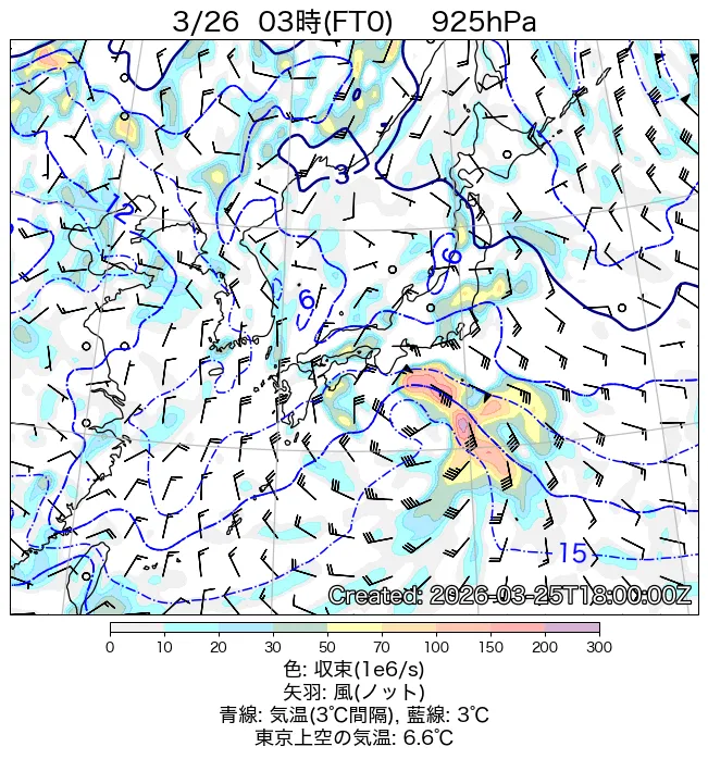 2026年3月26日の日本周辺の925hPa天気図（3時）
