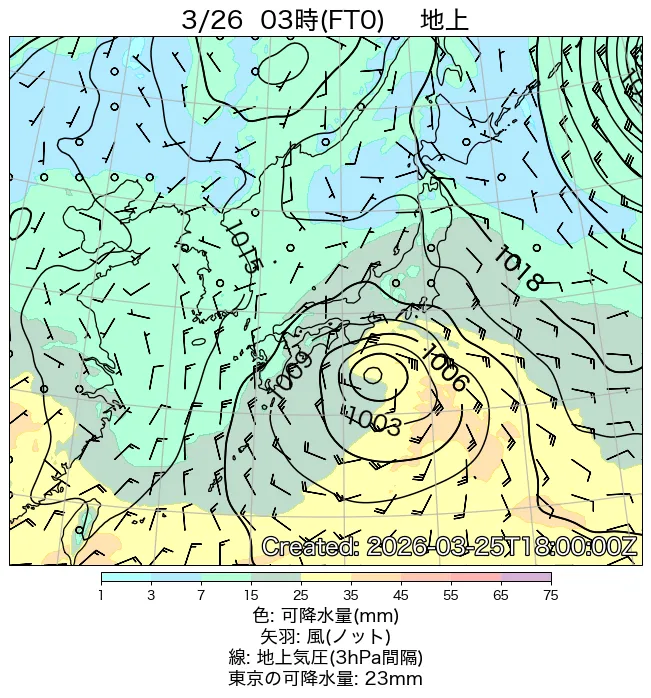 2026年3月26日の日本周辺の地上天気図（3時）