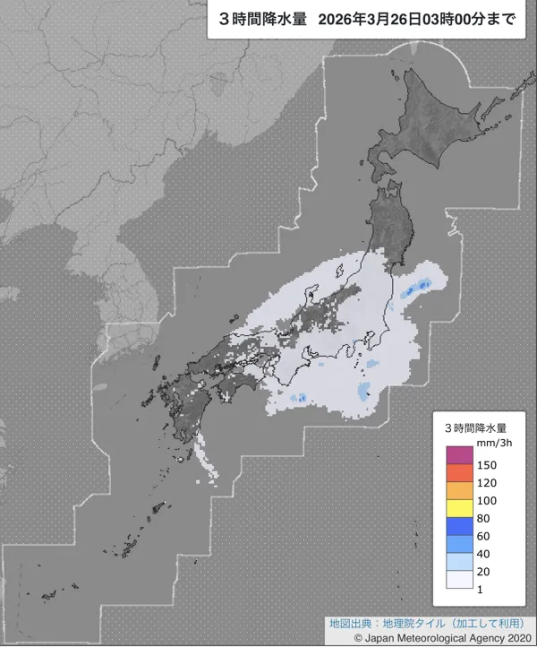 2026年3月26日の日本周辺の0〜3時の3時間解析降水量