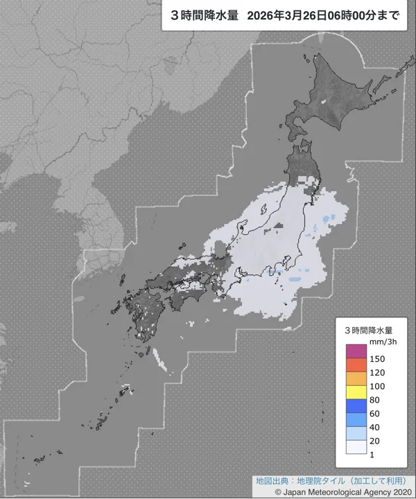 2026年3月26日の日本周辺の3〜6時の3時間解析降水量