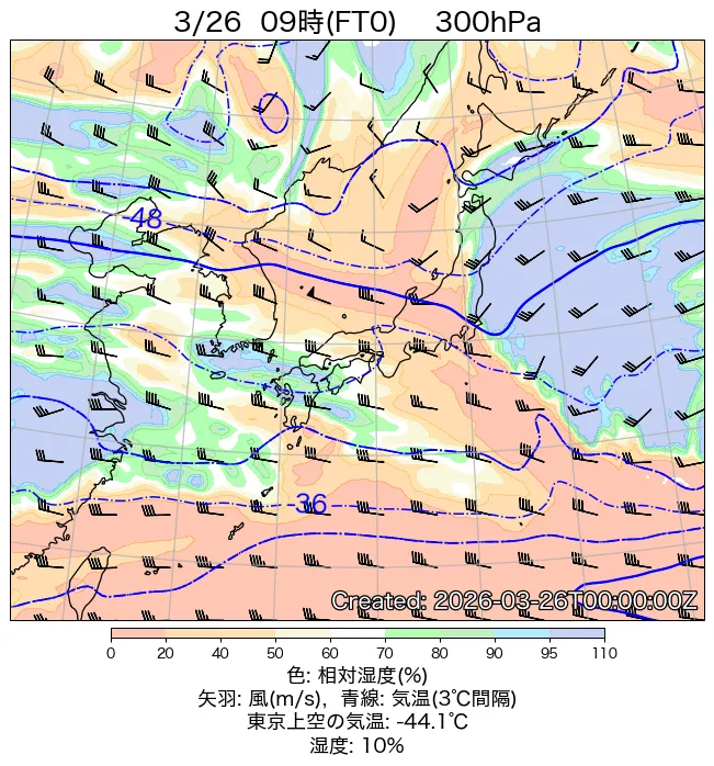 2026年3月26日の日本周辺の300hPa天気図（9時）