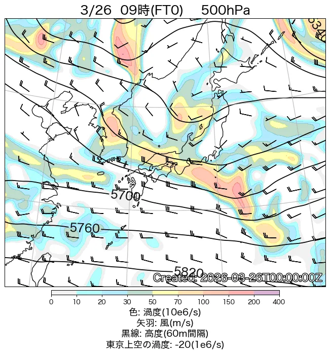 2026年3月26日の日本周辺の500hPa天気図（9時）