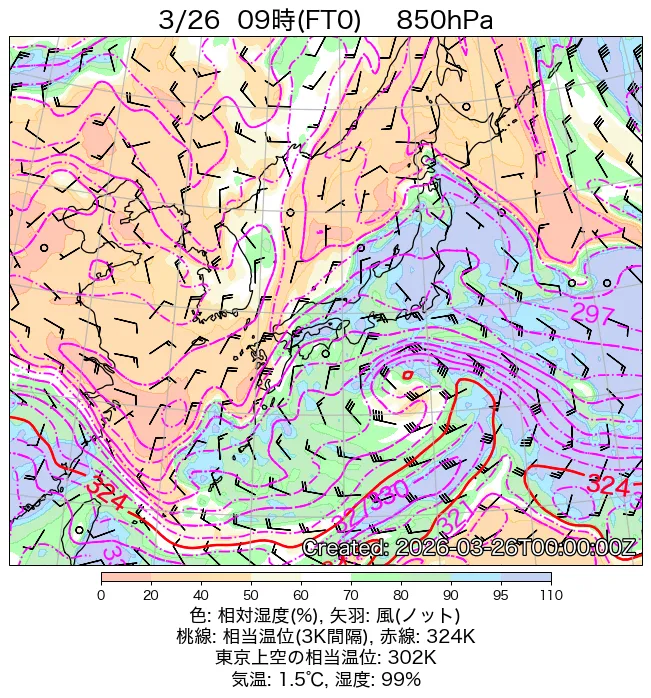 2026年3月26日の日本周辺の850hPa天気図（9時）