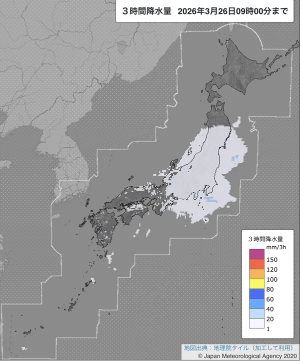 2026年3月26日の日本周辺の6〜9時の3時間解析降水量