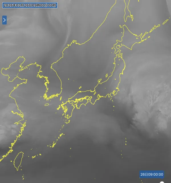 2026年3月26日の日本周辺の衛星水蒸気画像（9時）