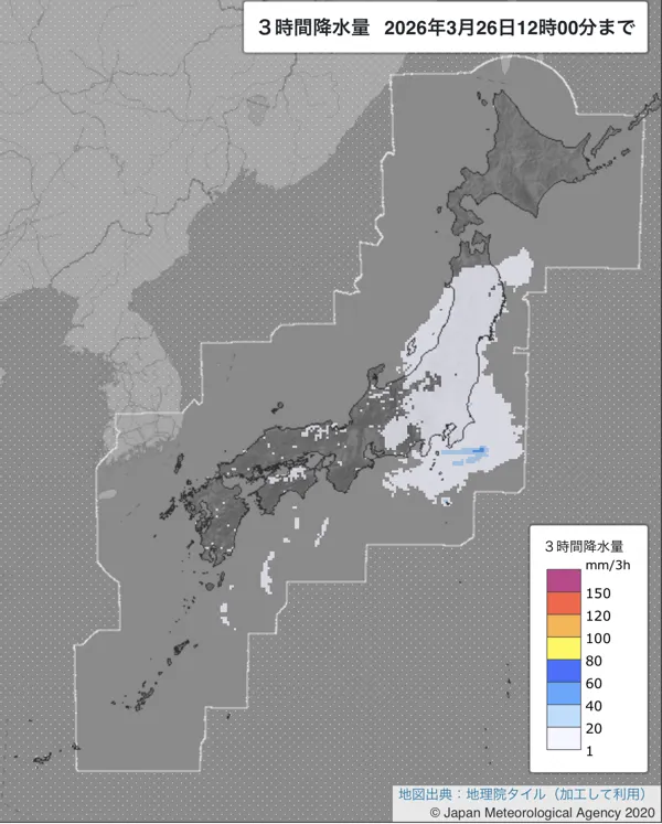 2026年3月26日の日本周辺の9〜12時の3時間解析降水量